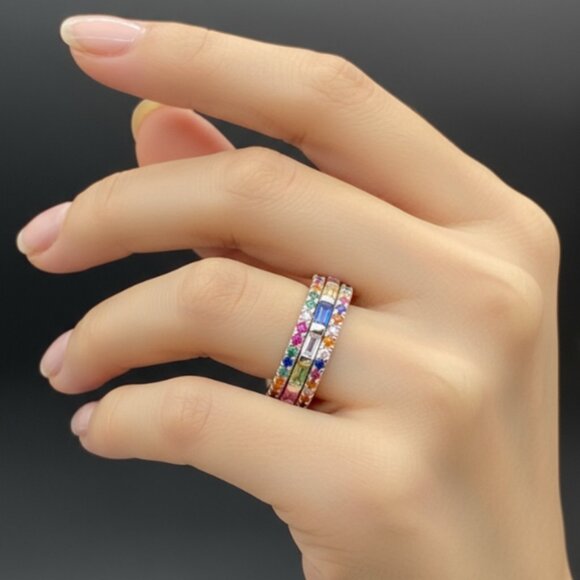 .925 Sterling Silver Multicolor Gemstone Eternity Band Rings - Picture 6 of 6